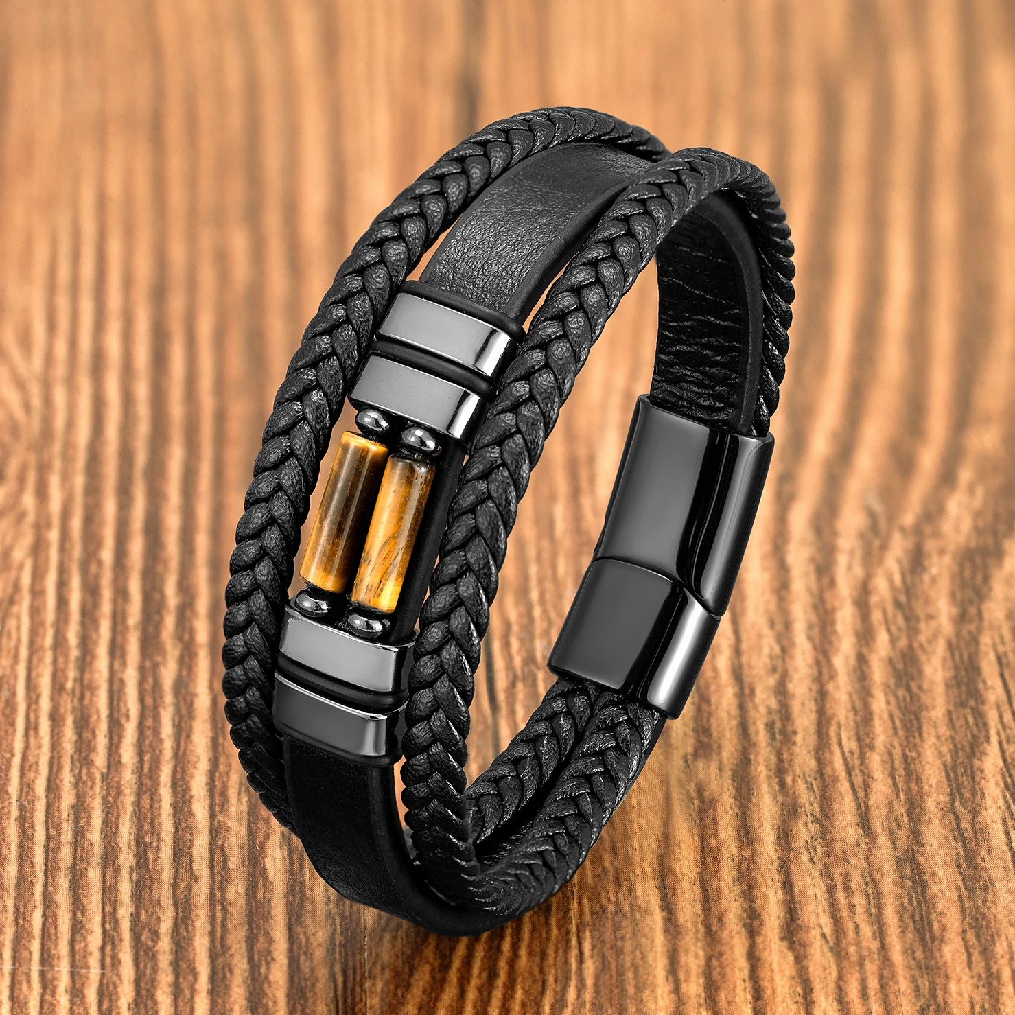 Multilayer Leather Men's Bracelet with Chakra Stone Beads