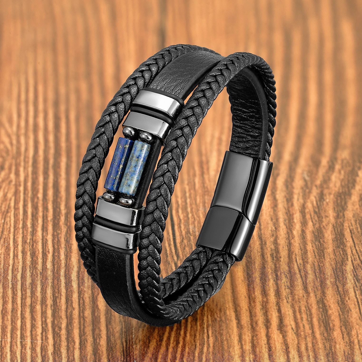 Multilayer Leather Men's Bracelet with Chakra Stone Beads
