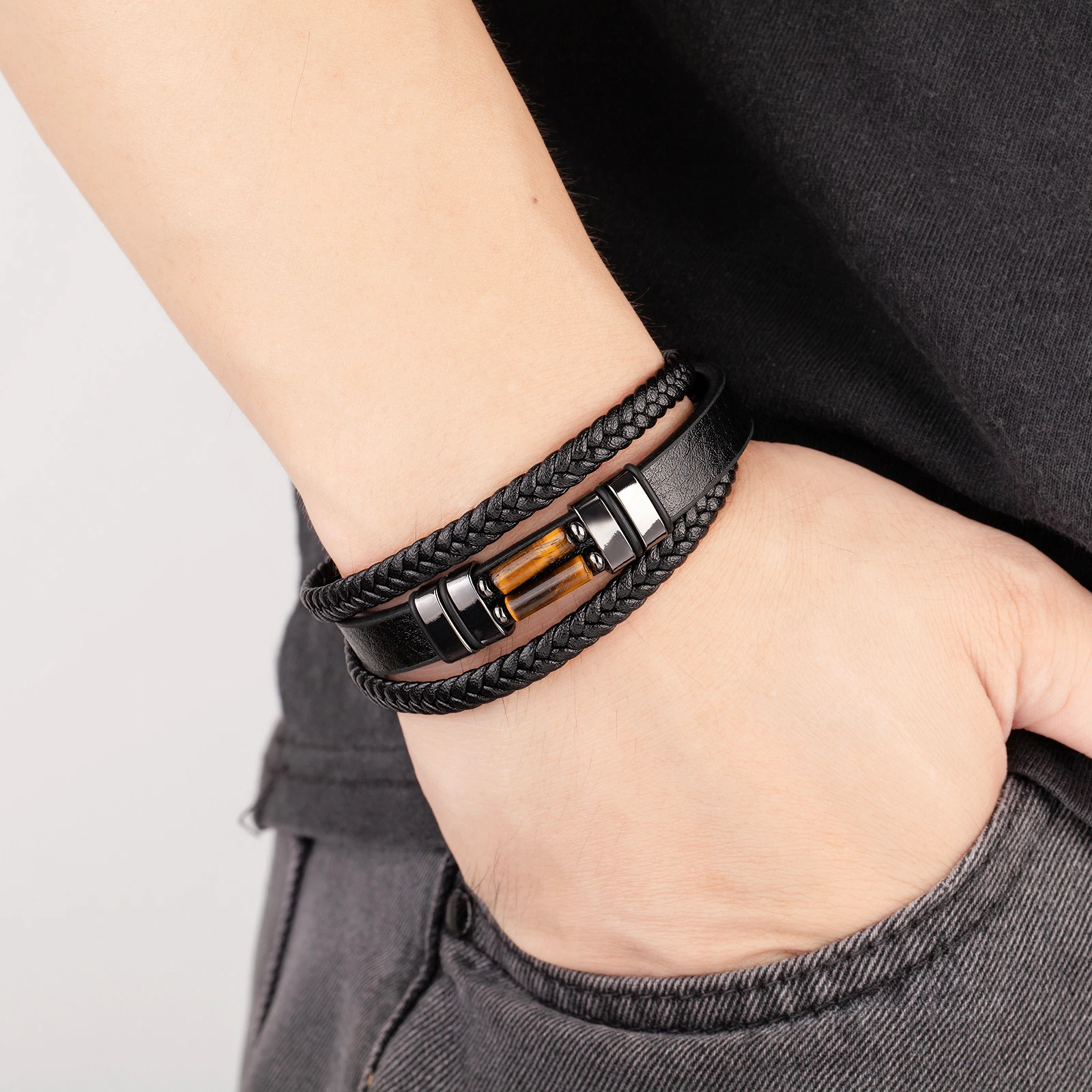 Multilayer Leather Men's Bracelet with Chakra Stone Beads