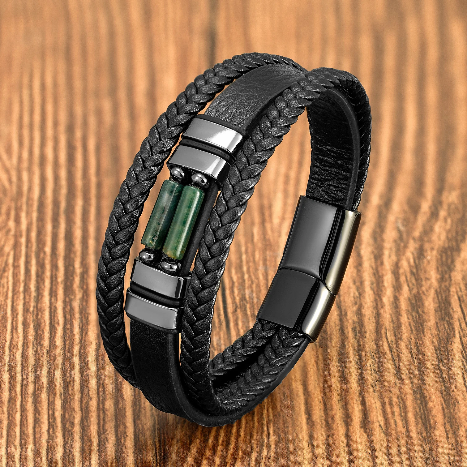 Multilayer Leather Men's Bracelet with Chakra Stone Beads