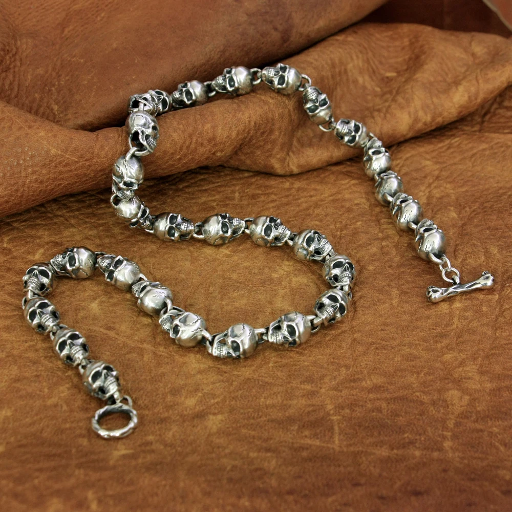 925 Sterling Silver Huge Skull Heads Chain Necklace