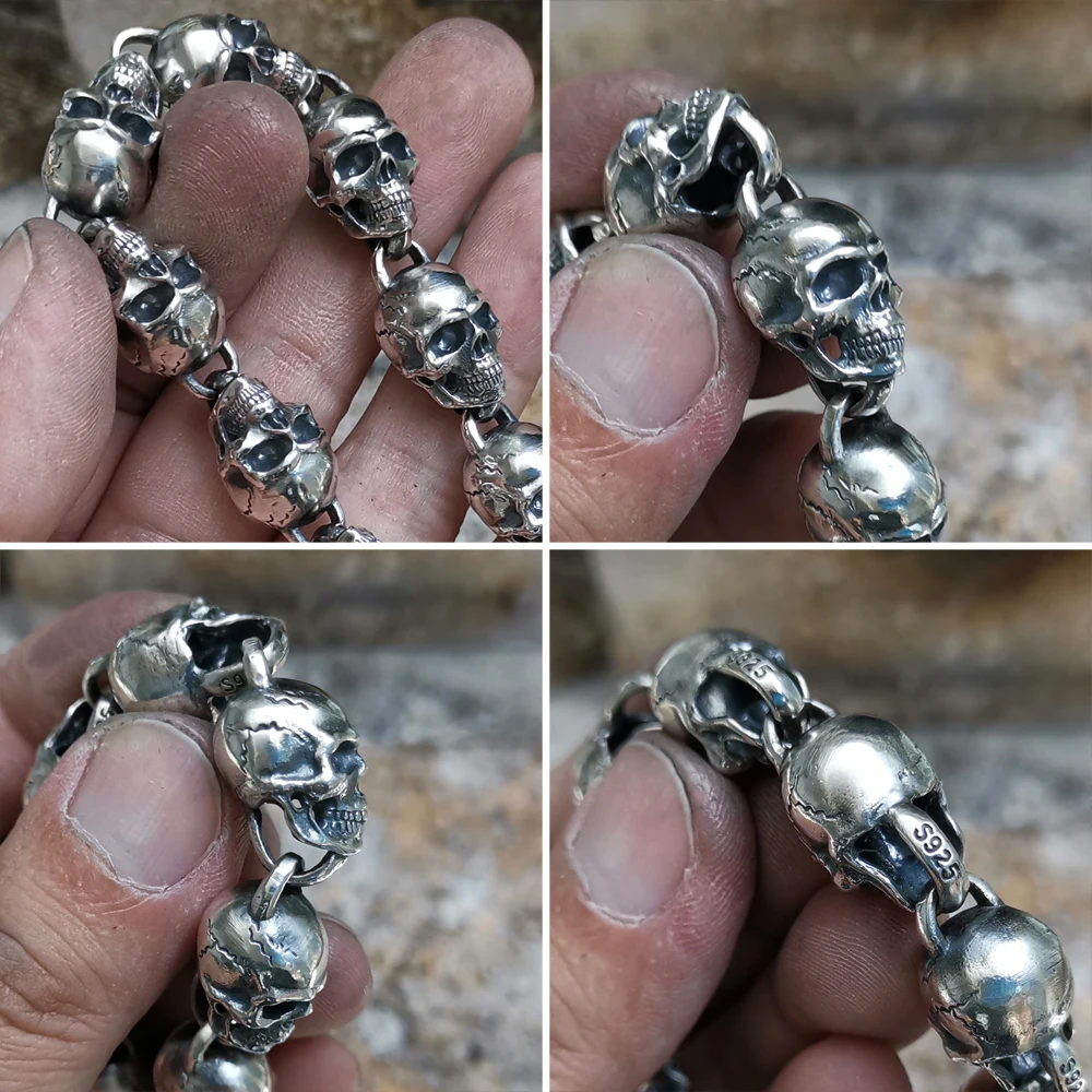 925 Sterling Silver Huge Skull Heads Chain Necklace