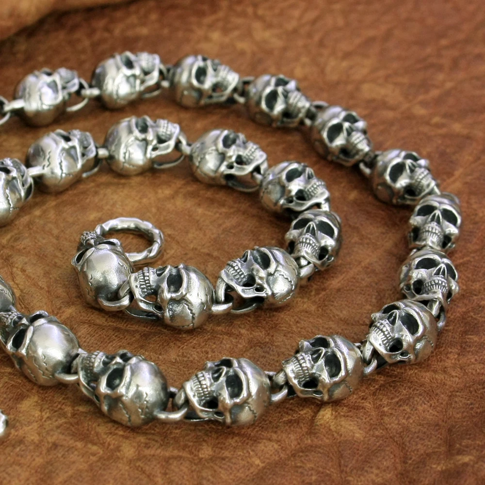 925 Sterling Silver Huge Skull Heads Chain Necklace