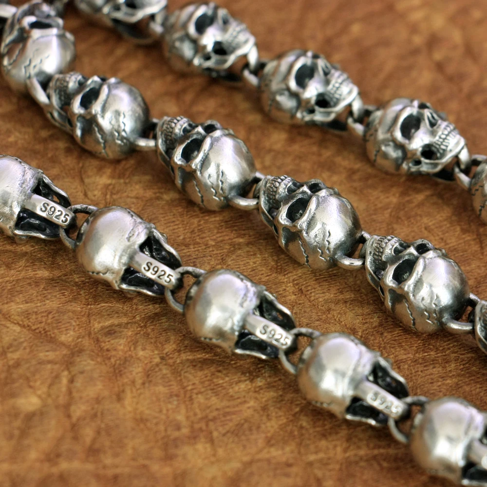 925 Sterling Silver Huge Skull Heads Chain Necklace