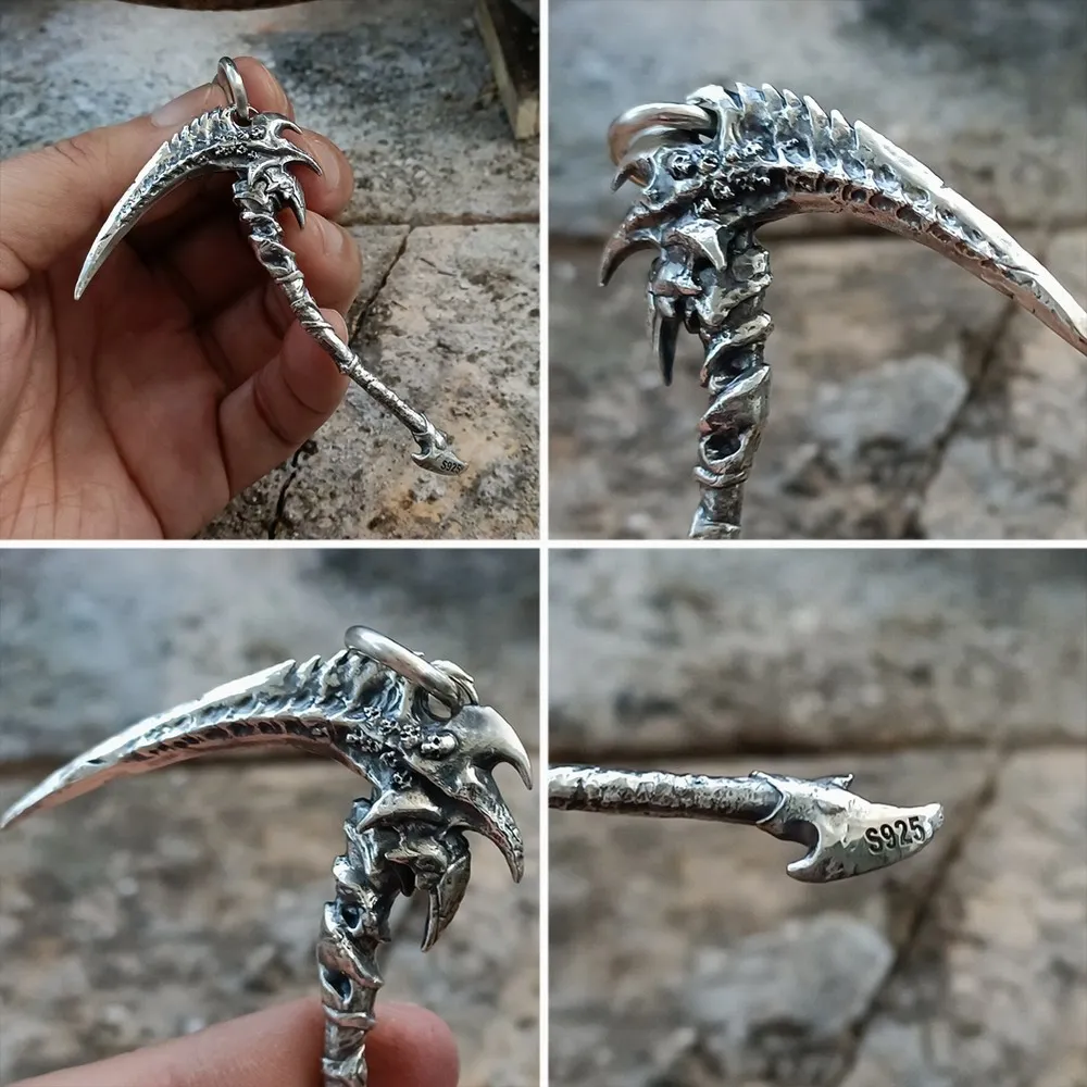 925 Sterling Silver Grim Reaper Skull Sickle Pendant
