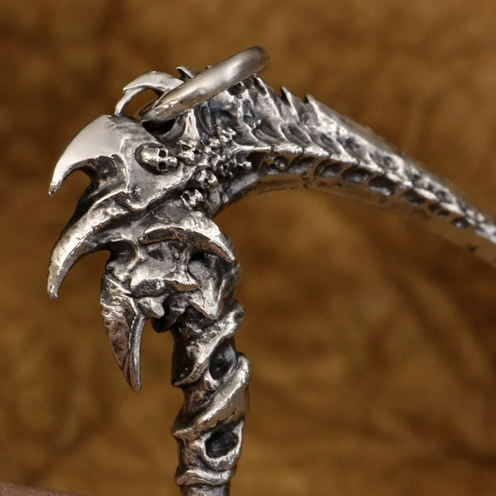 925 Sterling Silver Grim Reaper Skull Sickle Pendant