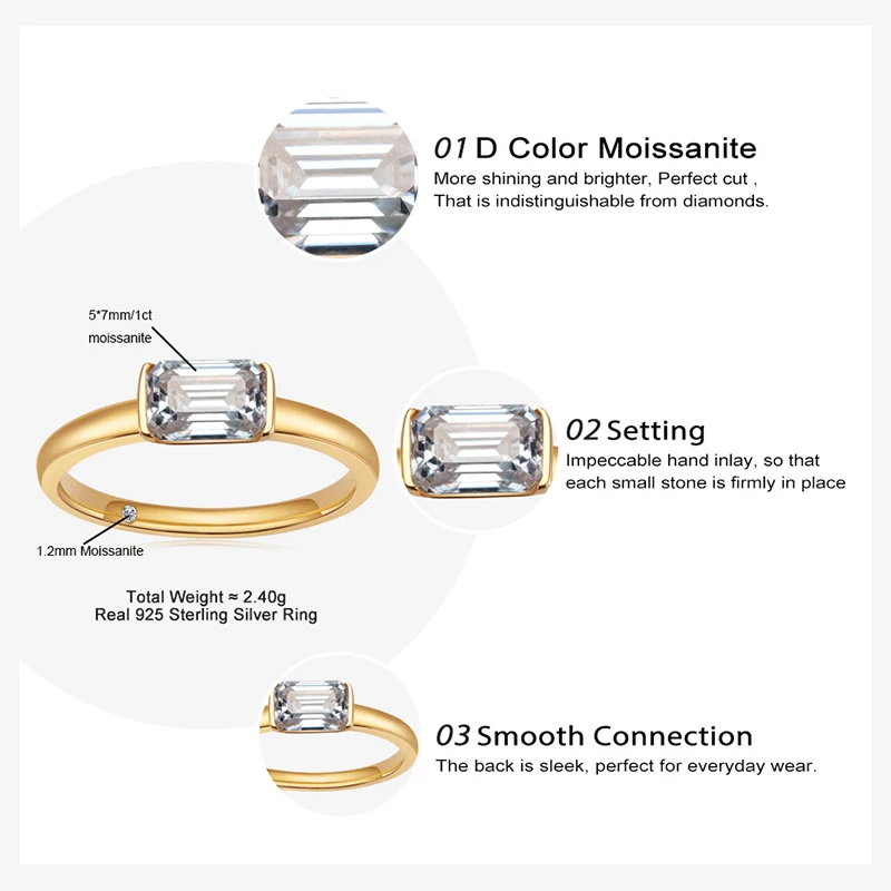 1 Carat Emerald Cut Moissanite Ring
