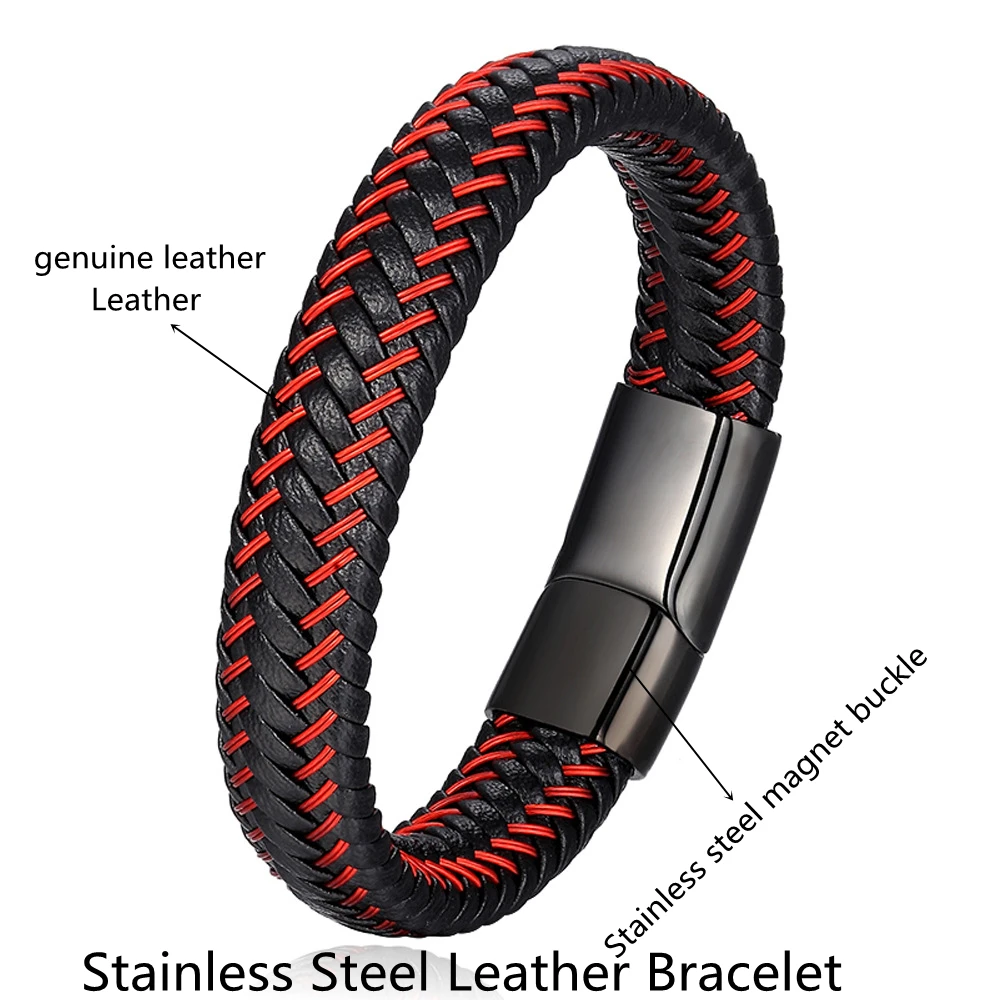 Leather Braided Bracelets for Men In Black and Red