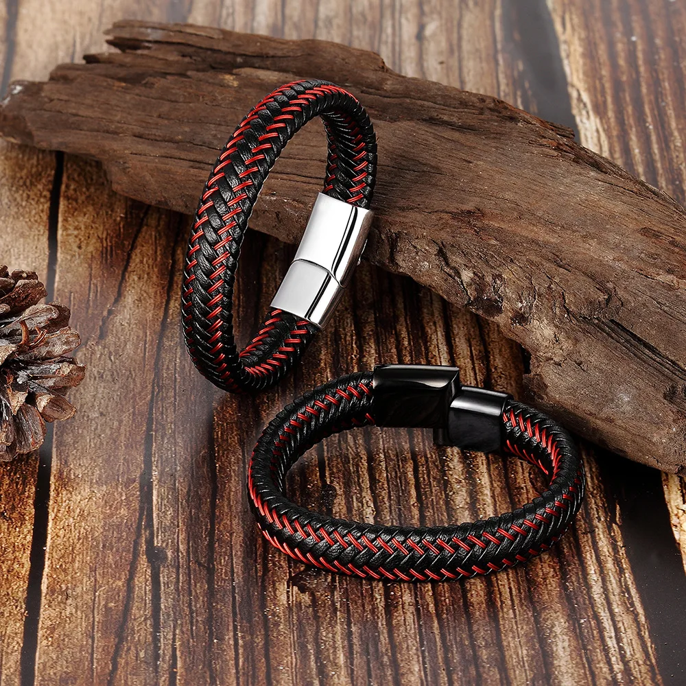 Leather Braided Bracelets for Men In Black and Red