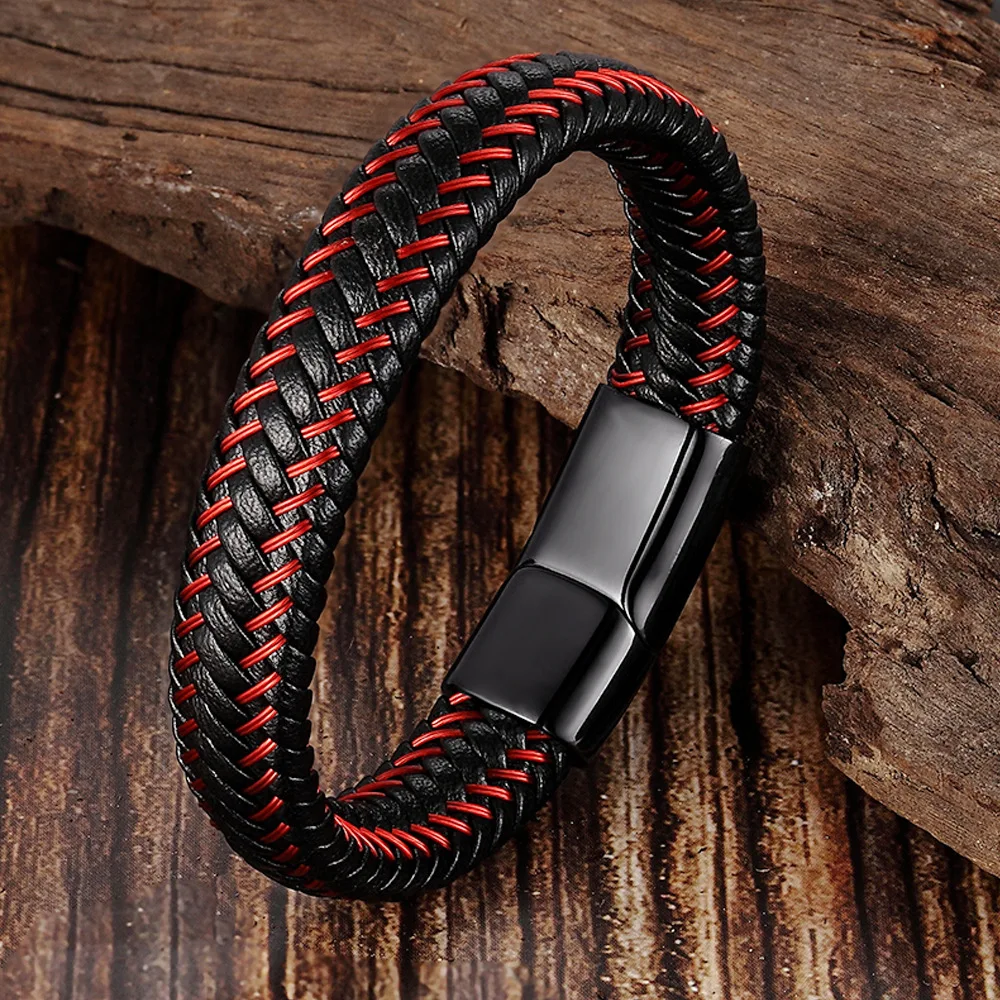Leather Braided Bracelets for Men In Black and Red