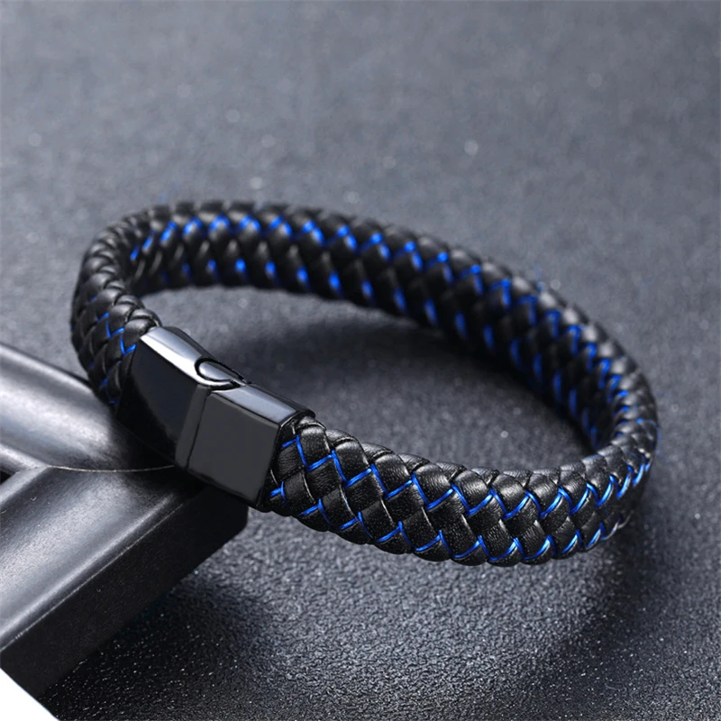 Braided Leather Bracelet in Blue Black for Men