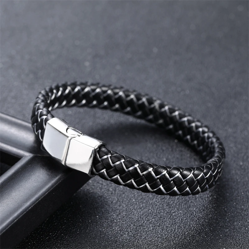 Braided Leather Bracelet in Blue Black for Men