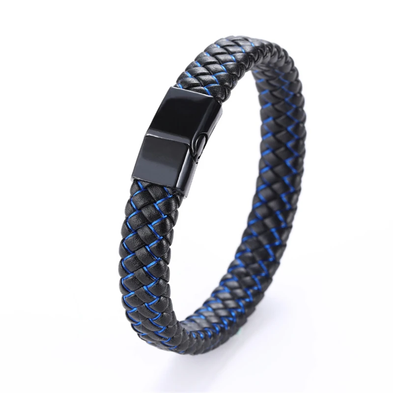 Braided Leather Bracelet in Blue Black for Men