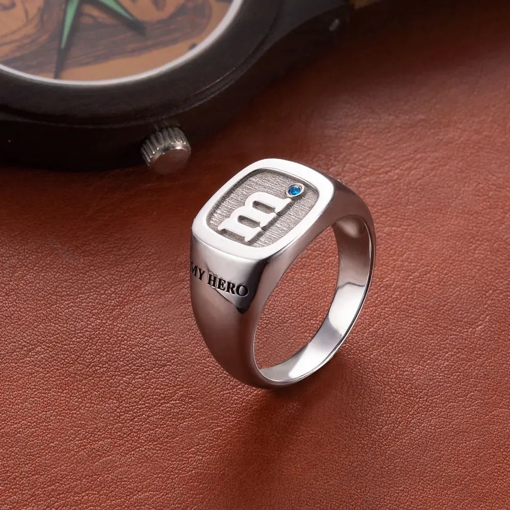 Custom Initial Signet Ring With Birthstone
