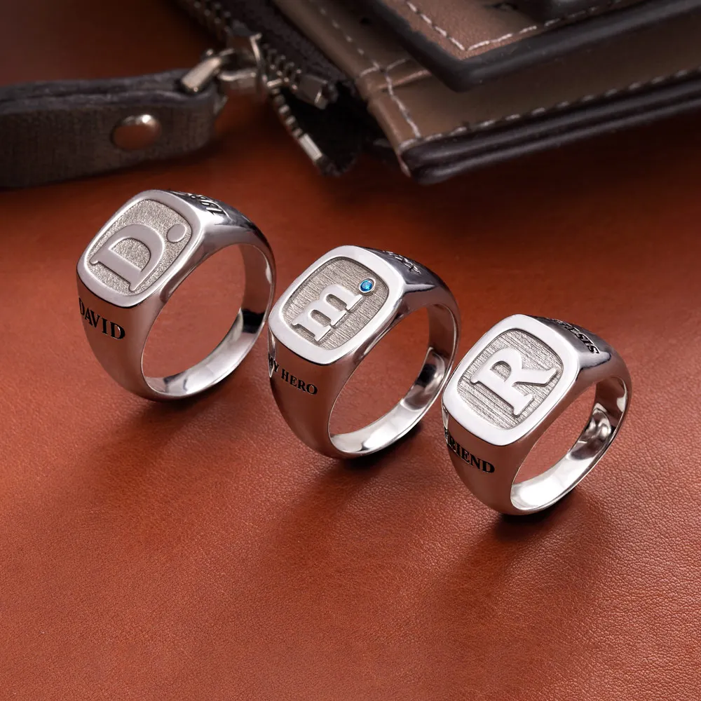 Custom Initial Signet Ring With Birthstone