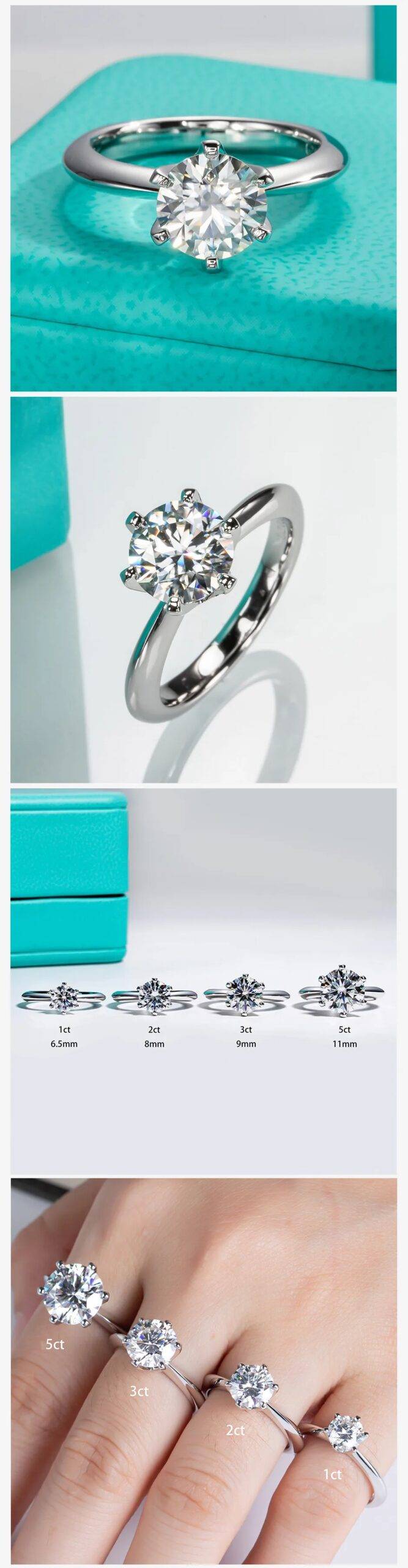1/2/3/5ct Moissanite Sterling Silver Solitaire Ring