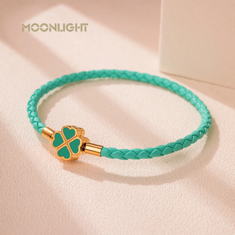 Four-Leaf Clover Bracelet Genuine Braided Leather