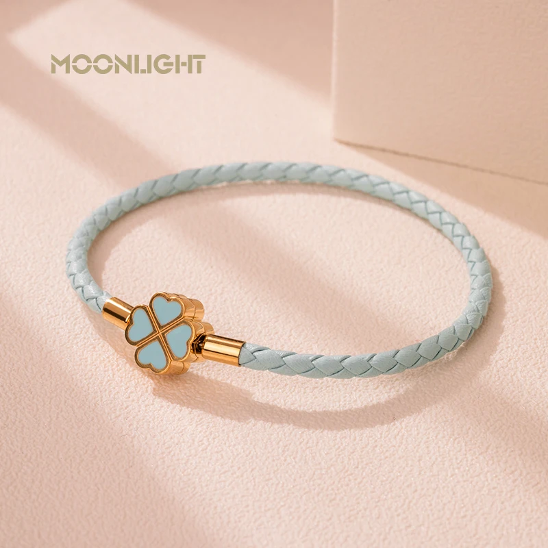 Four-Leaf Clover Bracelet Genuine Braided Leather