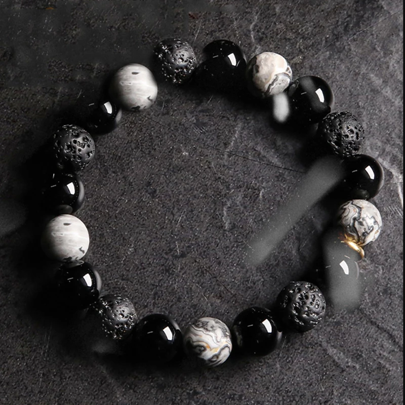 Black Onyx Volcanic Rock Stone Bead Bracelet