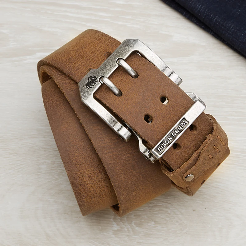 Mens Vintage Leather Belt with Pin Buckle