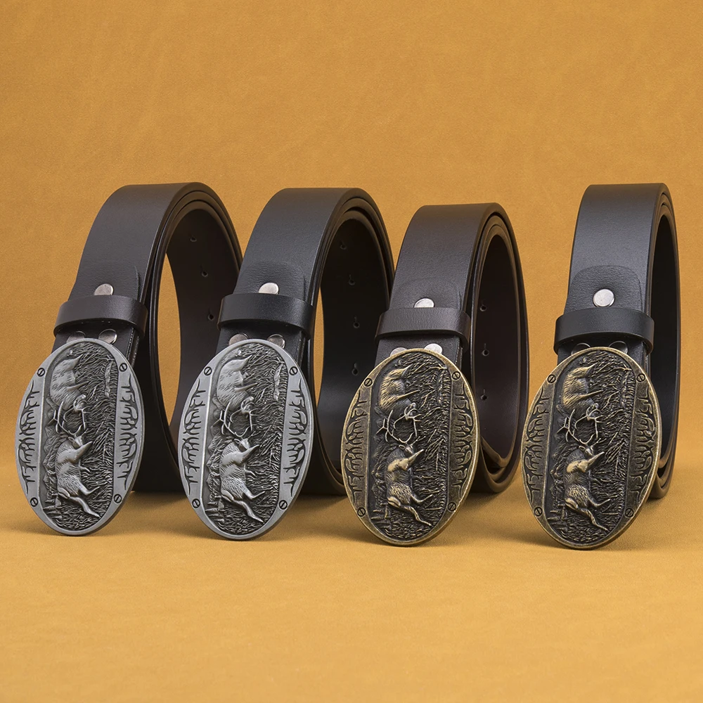 Men Elk Detail Oval Buckle Belt