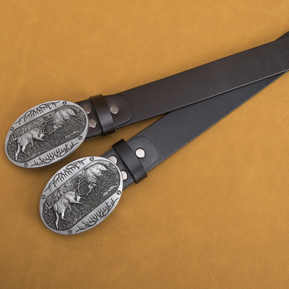 Men Elk Detail Oval Buckle Belt