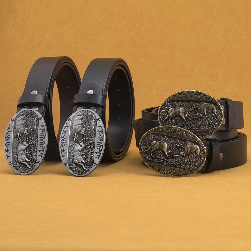 Men Elk Detail Oval Buckle Belt