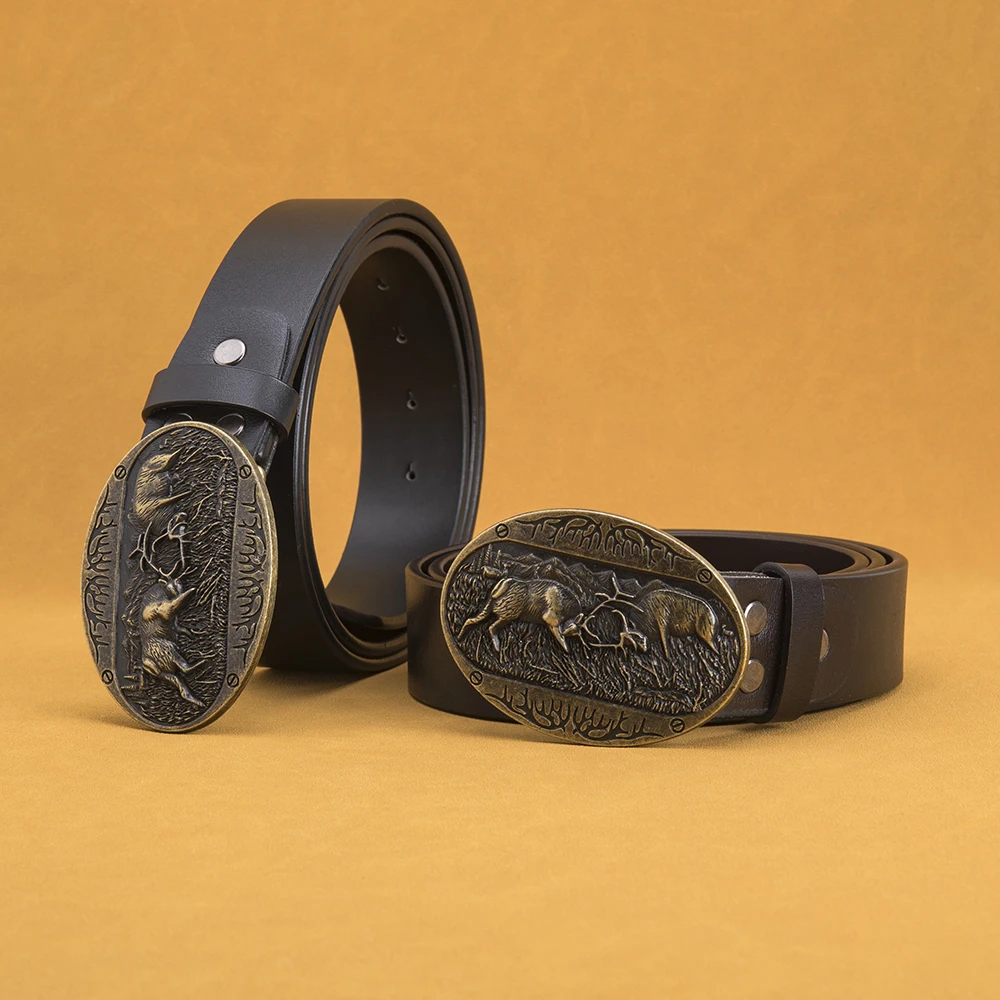 Men Elk Detail Oval Buckle Belt