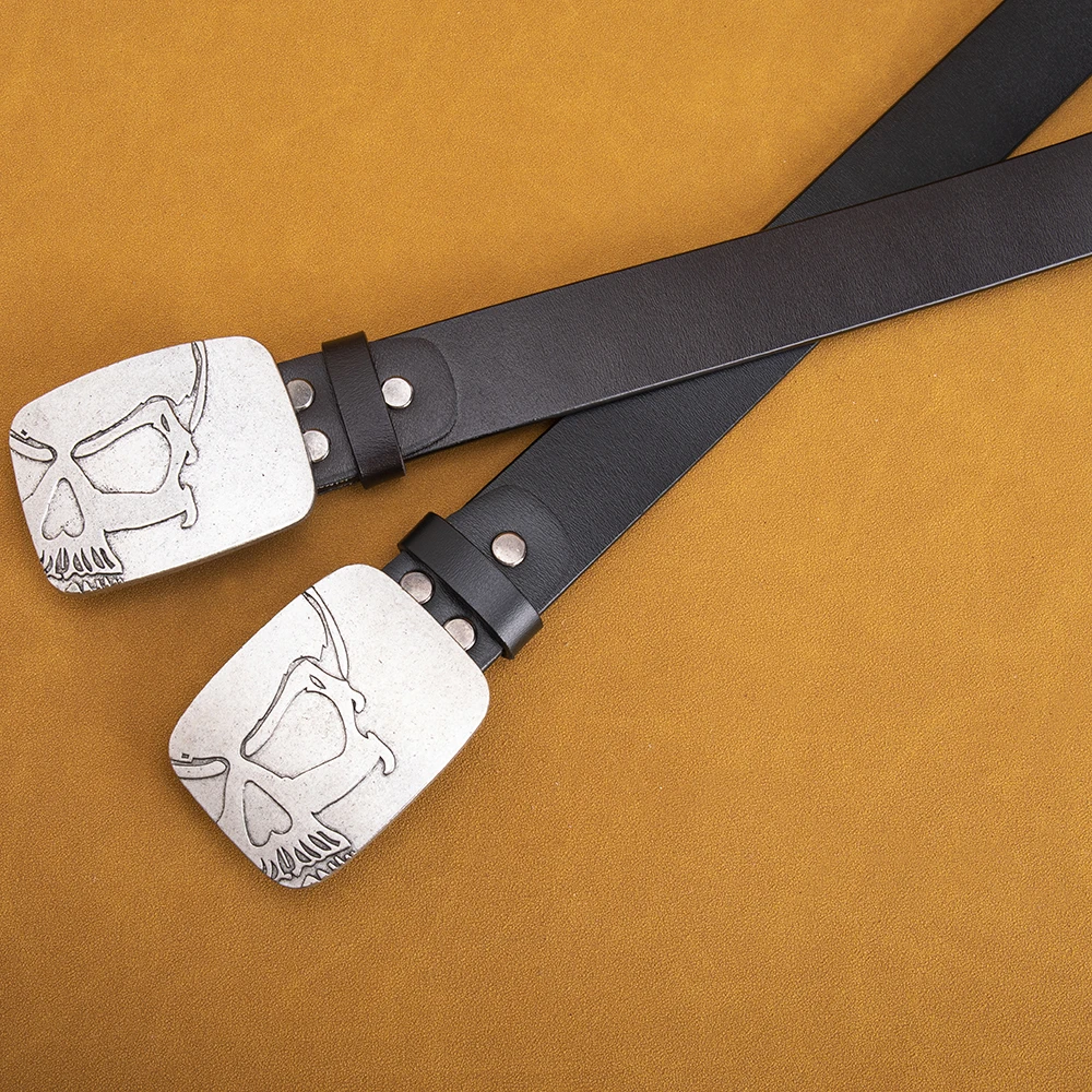 Men's Leather Belt with Retro Skull Buckle