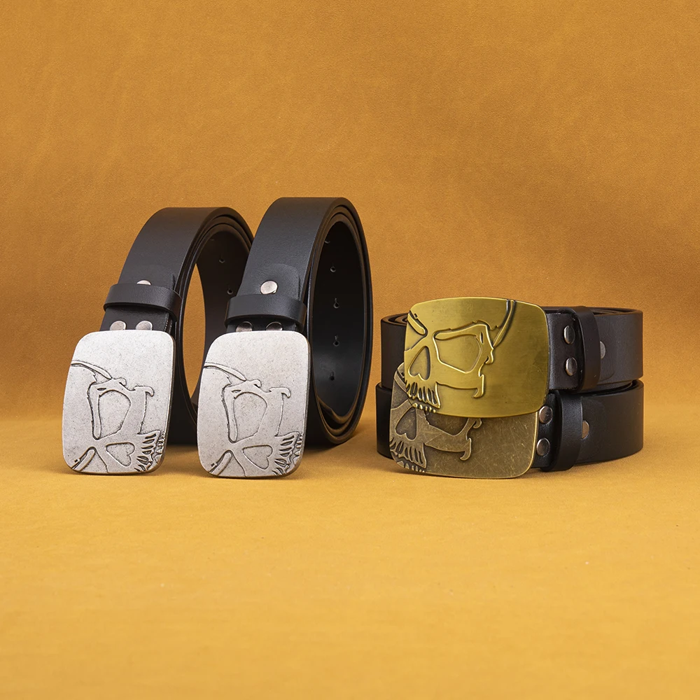 Men's Leather Belt with Retro Skull Buckle