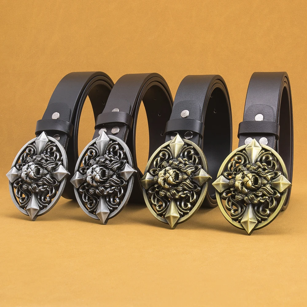 Mens Western Belts with Lion Head Buckle