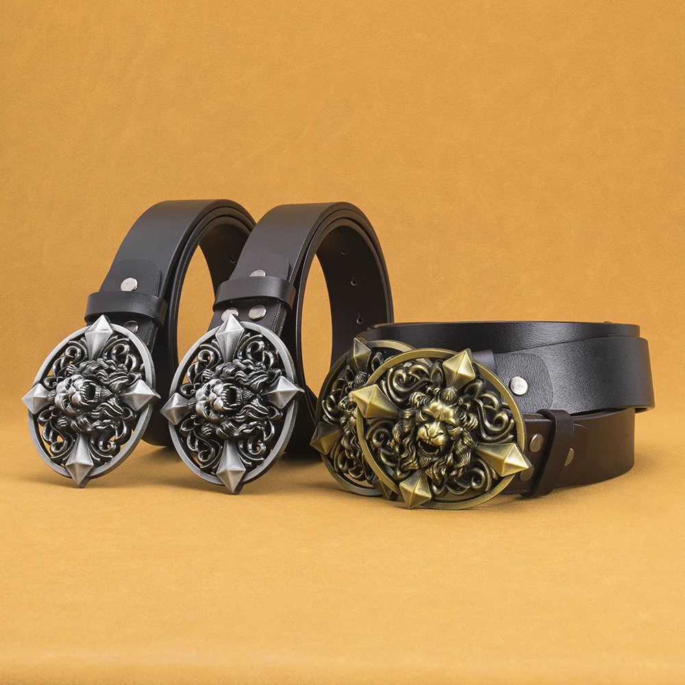 Mens Western Belts with Lion Head Buckle