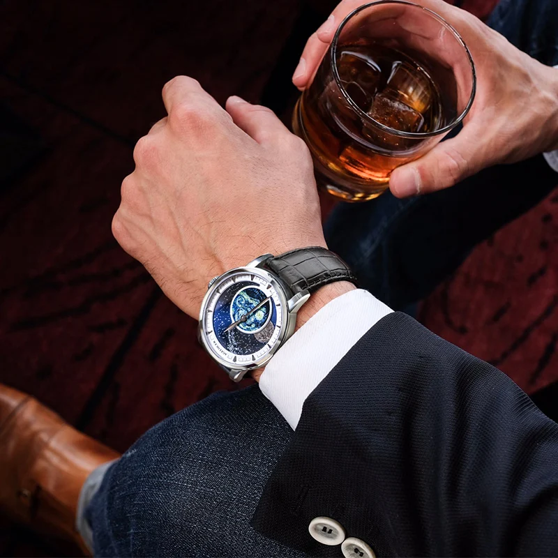 AGELOCER Mens Blue Moon Phase Luxury Dress Watch