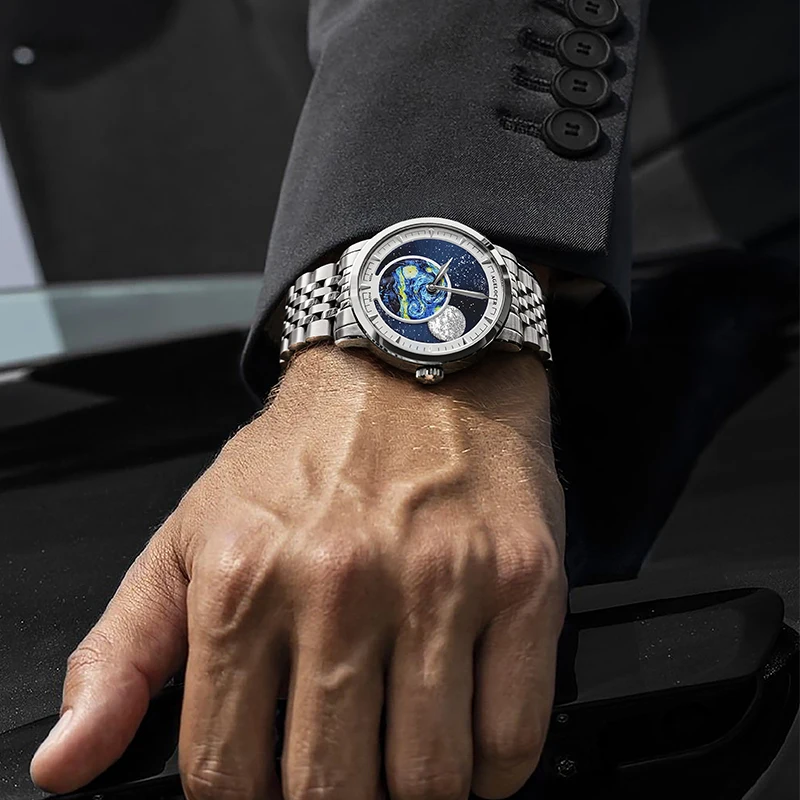 AGELOCER Mens Blue Moon Phase Luxury Dress Watch