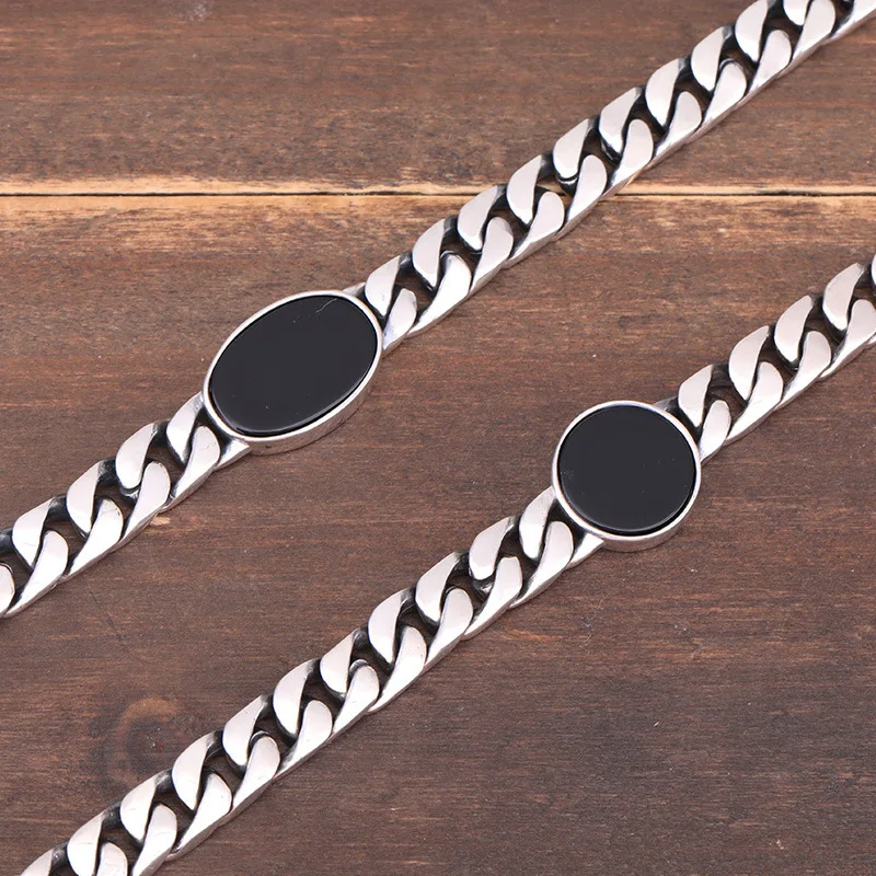 Black Stone Sterling Silver Chain Bracelet