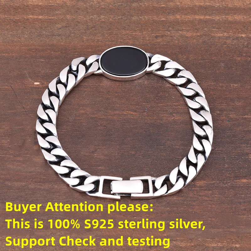 Black Stone Sterling Silver Chain Bracelet