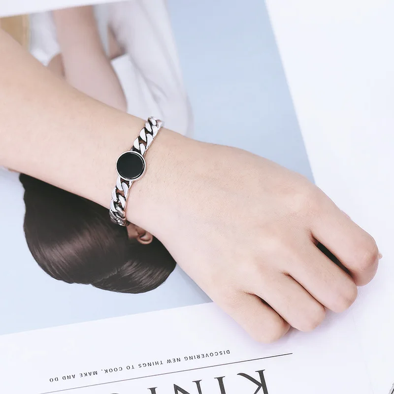 Black Stone Sterling Silver Chain Bracelet