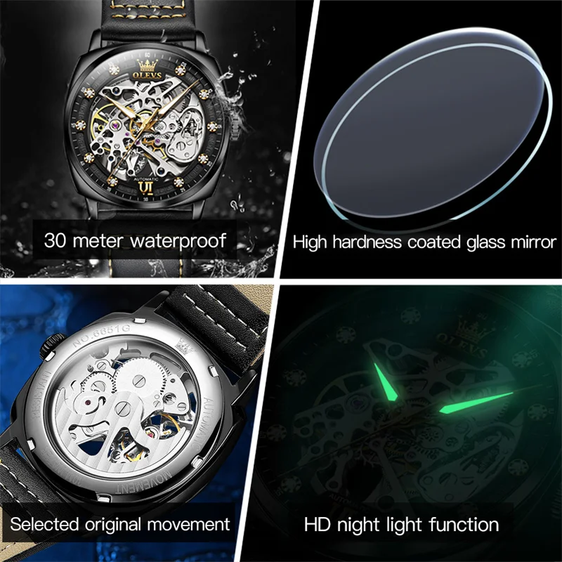 OLEVS 6651 Skeleton Square Design Watch