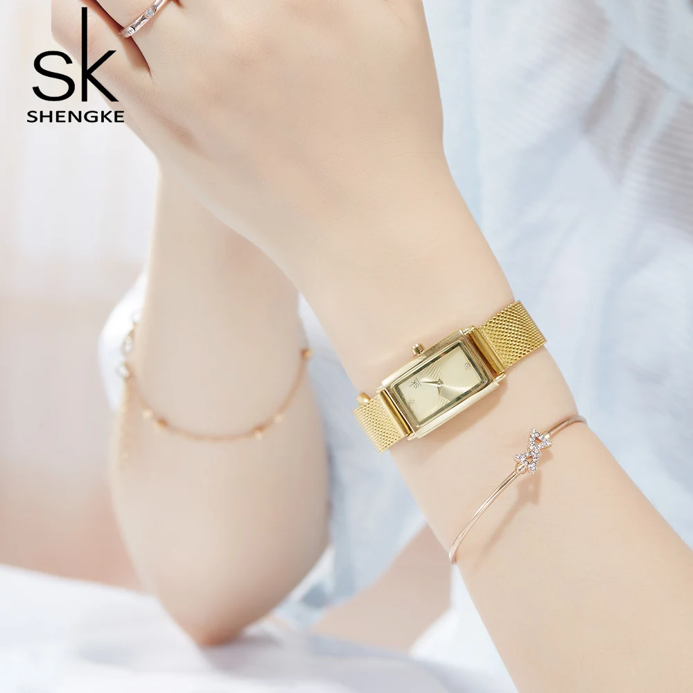 Shengke Rectangle Gold Watch for Women