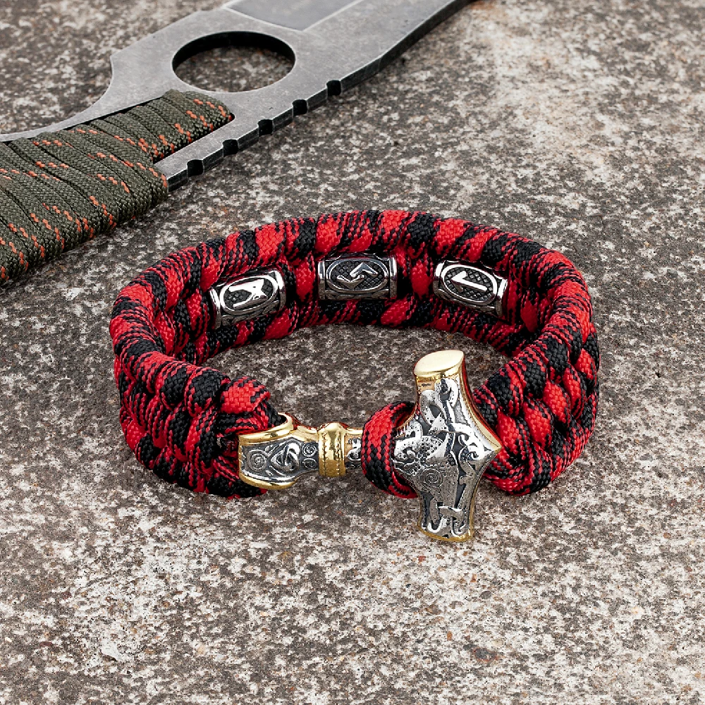 Viking Runes Thors Hammer Survival Bracelet