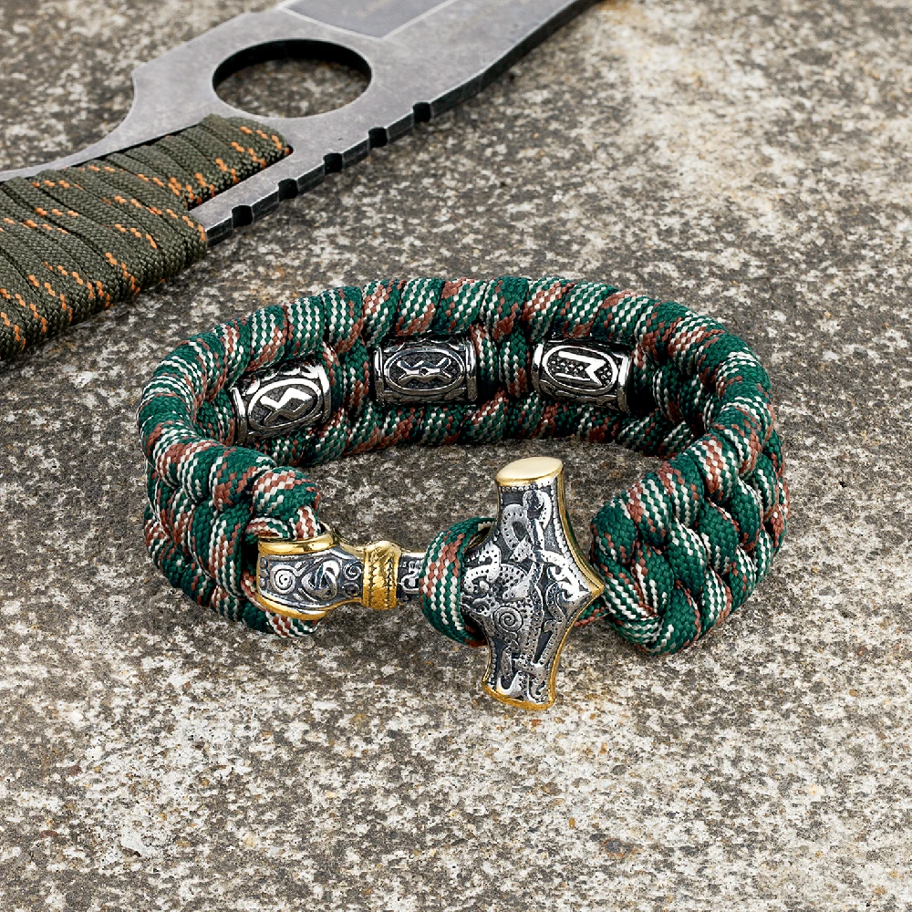 Viking Runes Thors Hammer Survival Bracelet