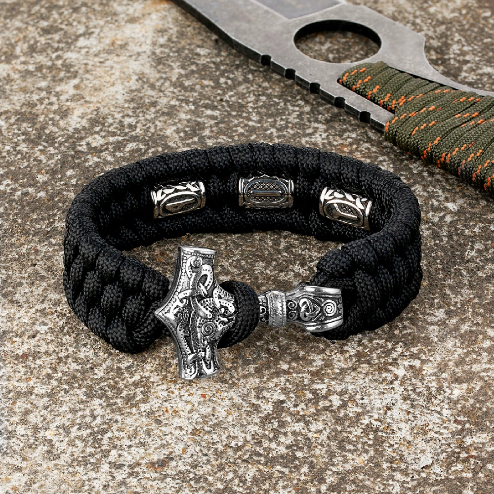 Viking Runes Thors Hammer Survival Bracelet