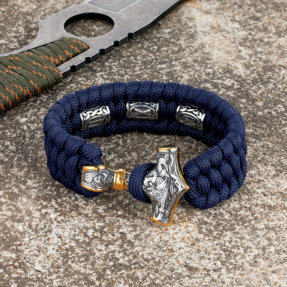 Viking Runes Thors Hammer Survival Bracelet