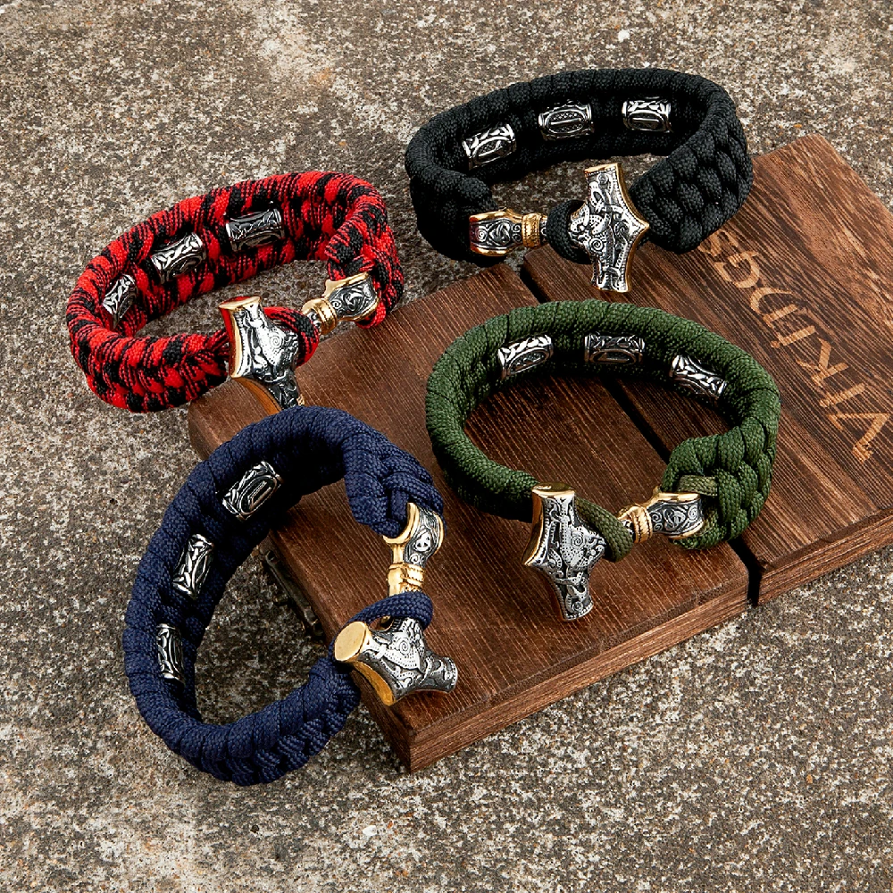 Viking Runes Thors Hammer Survival Bracelet