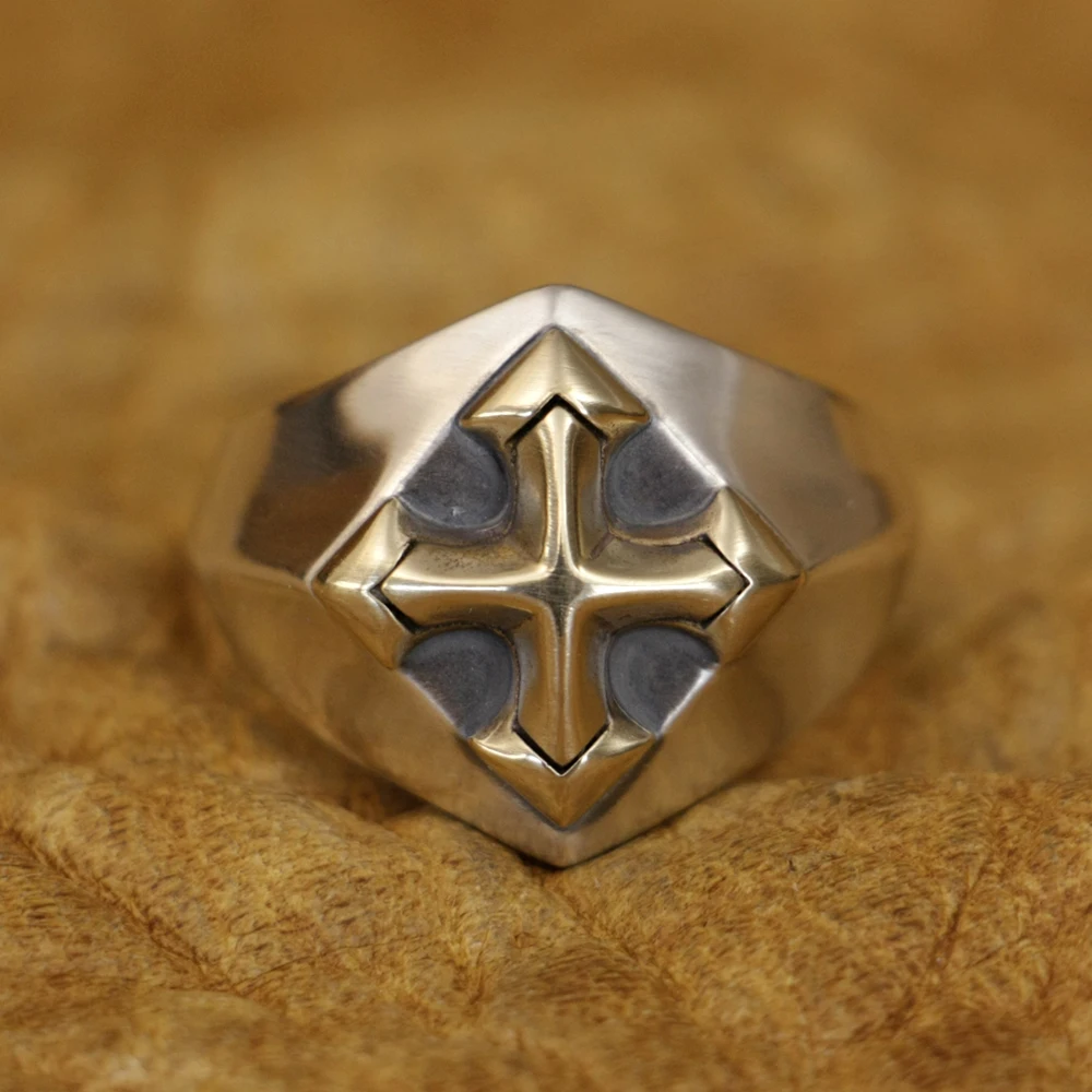 Brass Inlay Cross 925 Sterling Silver Ring