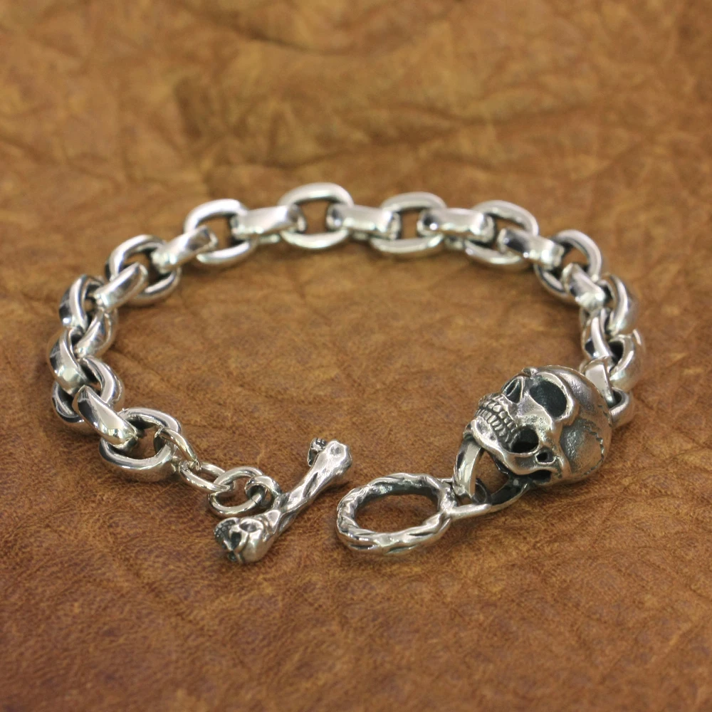 925 Sterling Silver Link Chain Bracelet with Skull
