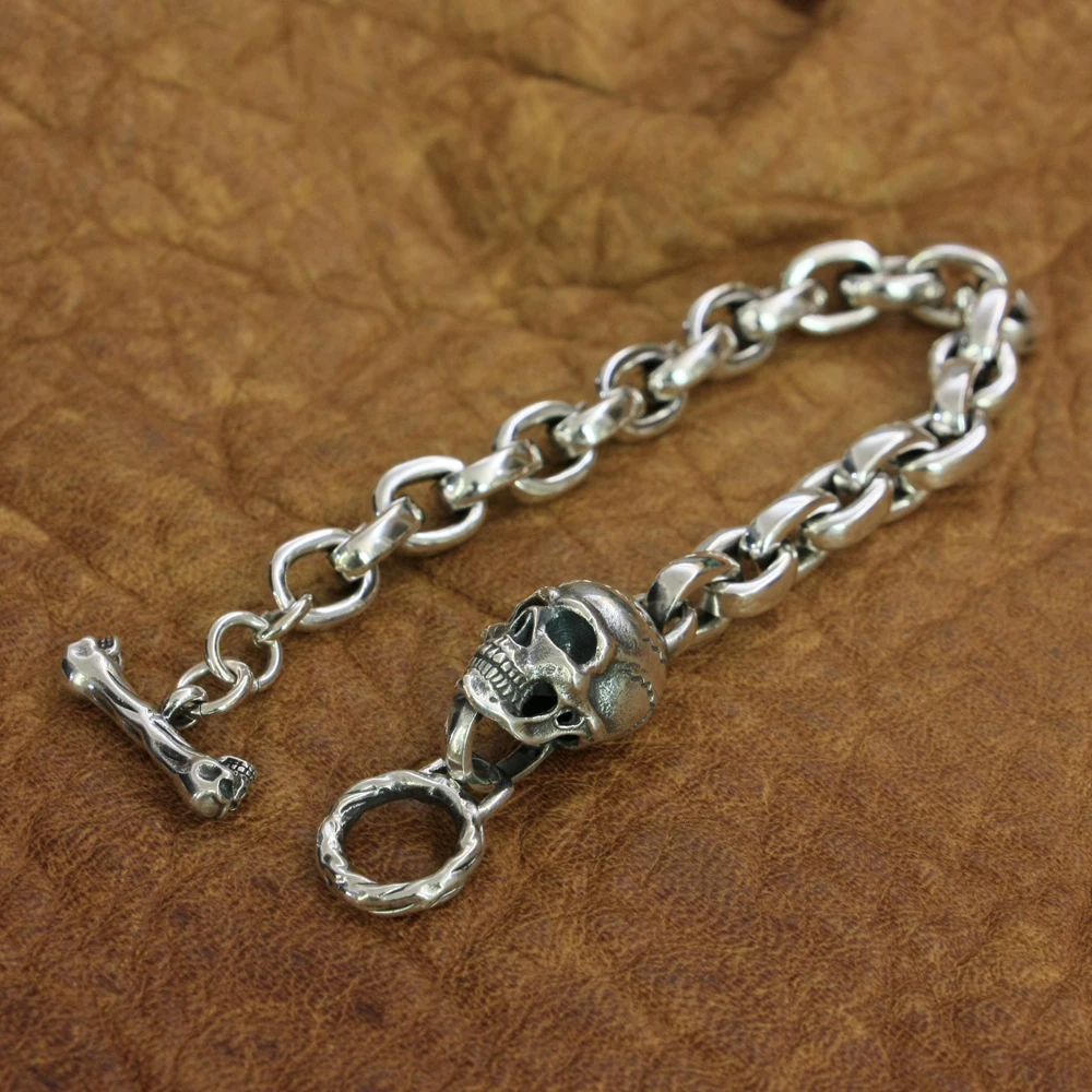 925 Sterling Silver Link Chain Bracelet with Skull