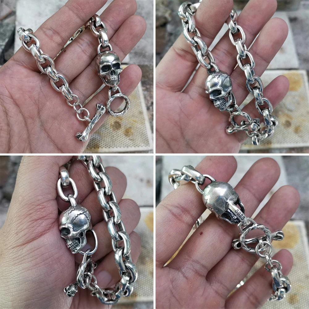 925 Sterling Silver Link Chain Bracelet with Skull