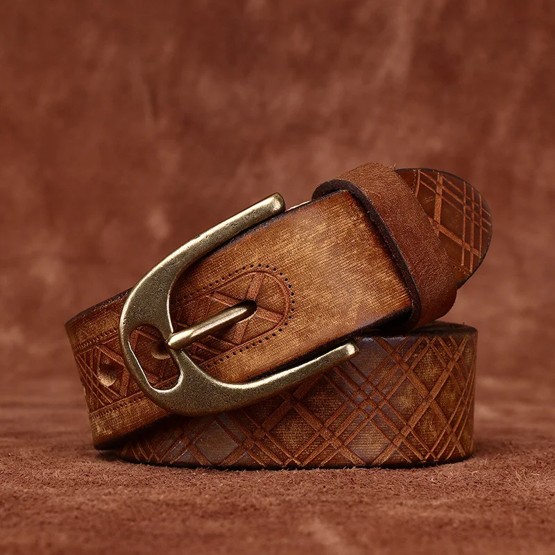 3.8CM Genuine Leather Belt Copper Buckle