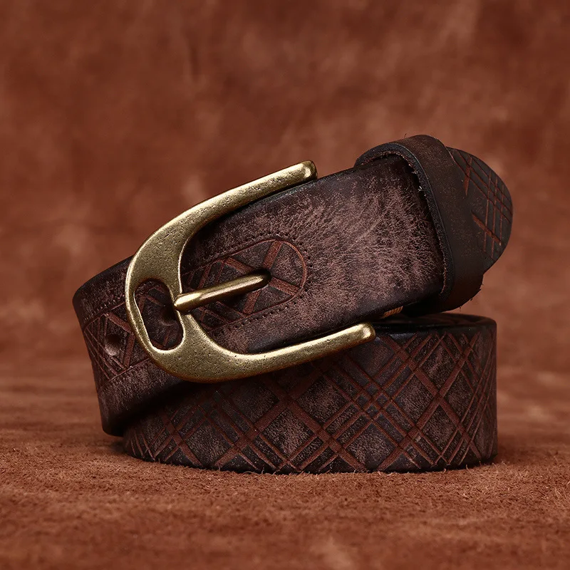 3.8CM Genuine Leather Belt Copper Buckle